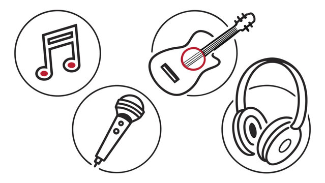 Set of four circular music icons in a minimalist line art style with red accents.