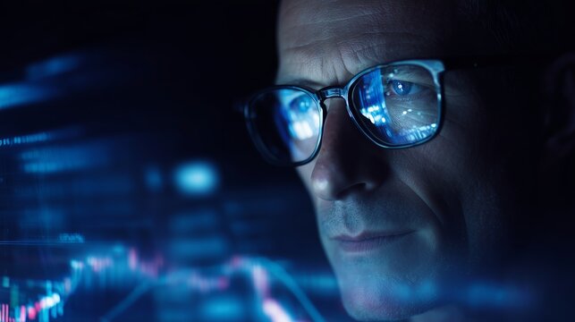 Financial analyst examining stock market trends on a digital screen at night