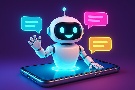 A friendly white futuristic robot chat bot waving hand happily with glowing face popping out of a mobile smartphone screen with colorful neon message bubbles and dark background illustration
