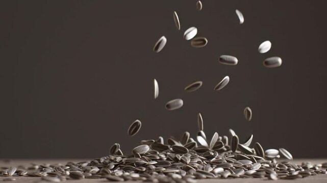 Slow motion macro footage of sunflower seeds falling in air and piling on wooden surface, perfect for food industry, agriculture, nutrition, and healthy organic snack concept visuals.