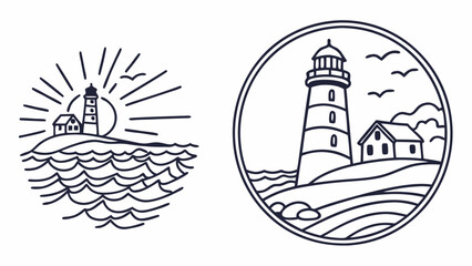 Obraz premium Two Line Art Illustrations of Coastal Lighthouses with Houses and Ocean Waves.