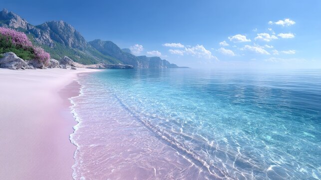 Turquoise Ocean Meets Sandy Beach Under Azure Sky with Rocky Coastline and Mountain Scenery in Cinematic HDR Seascape