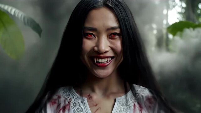 Leyak Witch Transformation - A close-up shot of a young Asian woman with red eyes and fangs, transformed into a leyak witch. Volcanic ash or smoke drifts in the background amidst lush green foliage.