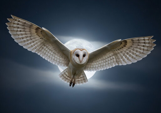 A barn owl flying through the night with a full moon behind it