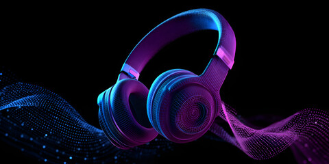 Neon headphones floating on abstract data stream, futuristic sound and audio concept
