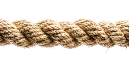 Close-up view of a twisted natural fiber rope displaying its intricate texture and weave. set against a clean white background. ideal for backgrounds in nautical or crafting projects