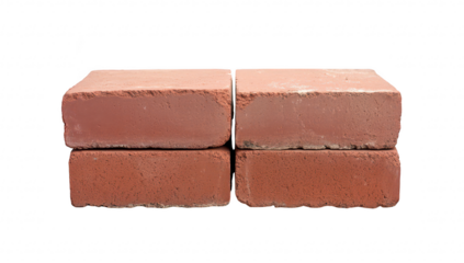 A close-up view of four red bricks stacked neatly. their texture and color against a plain white background. ideal for construction or building material reference