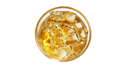 A close-up view of a glass filled with golden whiskey and clear ice cubes. the rich color and texture of the drink. set against a clean white background. ideal for beverage-related content