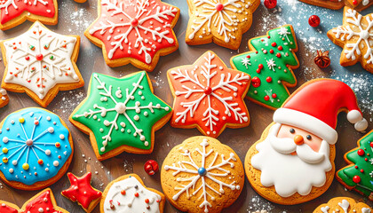 Obraz premium Colorful gingerbread cookies decorated with Christmas designs. AI