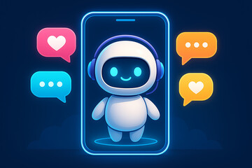 A small cute white robot wearing a headset with microphone inside a glowing mobile phone screen surrounded by colorful neon chat bubbles on a dark blue background illustration