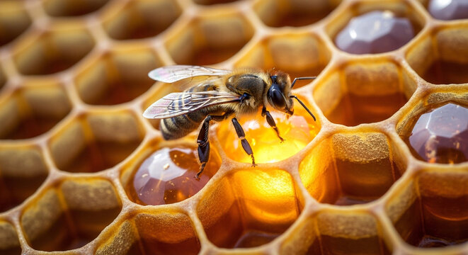 A bee on a honeycomb with golden honey dripping