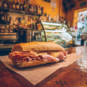 A mortadella sandwich on French bread served on a paper sheet in a casual snack bar
