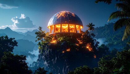 Obraz premium Glowing Dome Structure Atop Tropical Island Cliffside at Night