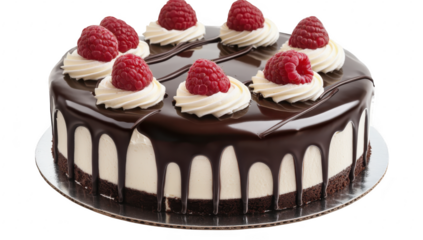 A rich chocolate cake adorned with whipped cream and fresh raspberries. elegantly presented on a silver platter. perfect for celebrations or dessert menus in cafes