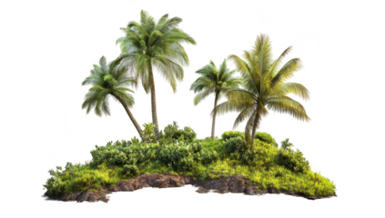 A serene tropical island featuring lush palm trees and greenery. surrounded by soft sandy shores and gentle waves. ideal for vacation promotions or nature-themed projects