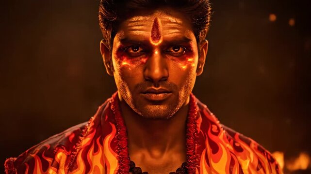 Fiery Agni Deity Portrait - Close-up portrait of a man in elaborate costume and makeup depicting the Hindu fire god Agni. The video is dramatically lit with fire and embers in the background.