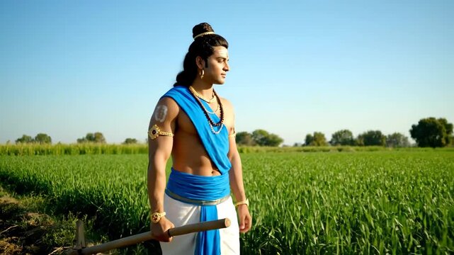 Indian Man in Balarama Costume with Plow in Field - A muscular Indian man, dressed as Balarama, stands in a lush green field holding a plow.