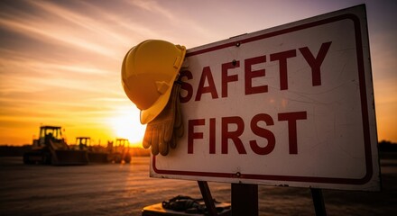 Construction safety signage displaying compliance worksite sunset eye-level industry awareness