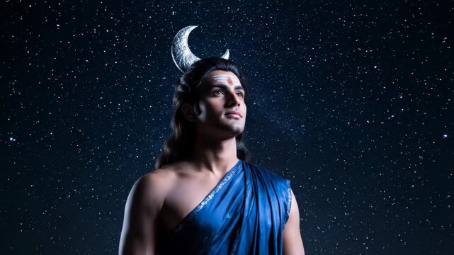 Chandra, Indian God, Night Sky - A young Indian man, portraying the Hindu deity Chandra, adorned with a silver crescent moon crown, gazes contemplatively at the night sky filled with stars.