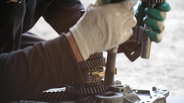 Unrecognizable auto mechanic with gloves carefully disassembling gears on main shaft of car manual transmission during repair or maintenance service in professional workshop. Disassembling gearbox