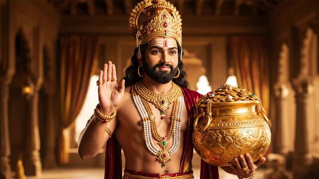 Indian God Kubera with Treasure Pot - A portrait of an Indian man costumed as Kubera, the Hindu god of wealth, holding a pot overflowing with gold coins.