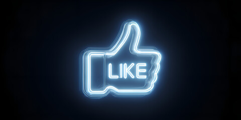 Blue neon thumbs up icon glowing on dark background, digital social media like symbol