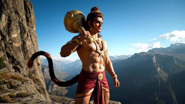 Hanuman Cliffside Pose - A muscular man dressed as the Hindu deity Hanuman stands on a clifftop, holding a mace over his shoulder.
