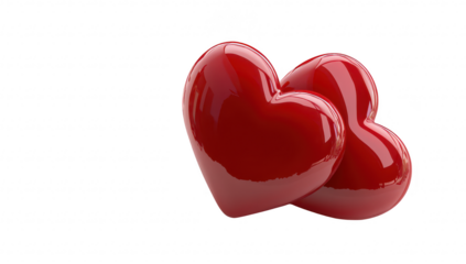 Two glossy red hearts gently touching on a smooth white surface. symbolizing love and affection. ideal for romantic themes. greeting cards. or Valentines Day promotions