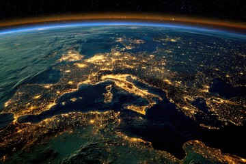 A vibrant view of European cities illuminated at night, showcasing the glow of urban life from space.