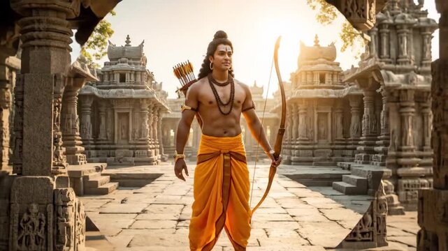 Lord Rama Temple Archer - A muscular Indian man, portraying Lord Rama, stands with a bow and quiver in a temple courtyard.