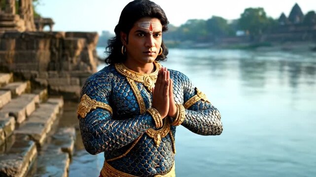 Matsya Avatar Hindu God by the River - A man dressed as the Matsya avatar, the fish incarnation of Vishnu, stands in a prayer pose by a river ghat.
