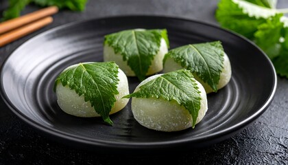 Fresh mochi topped with green leaves