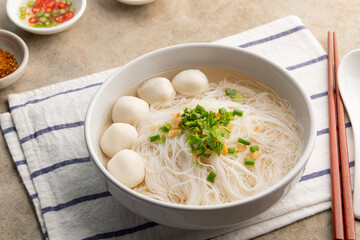 Clear soup with meatballs and rice vermicelli.Noodle soup with pork balls in white bowl.