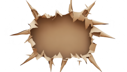 A dramatic. torn cardboard wall with jagged edges revealing a blank space behind. suggesting an unexpected entry point or creative design element. perfect for backgrounds or artistic projects