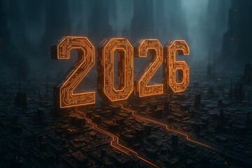 Futuristic glowing 2026 digits with circuit design on dark cityscape background symbolizing technology and celebration of new year 2026. Ai generative