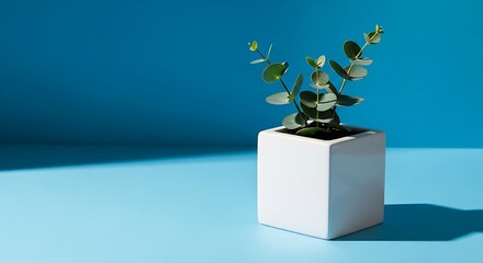 Fototapeta premium Eucalyptus plant in a white pot on a blue background with copy space