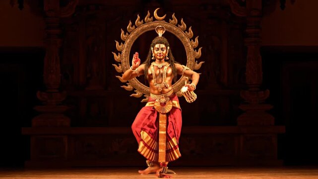 Indian Male Dancer in Nataraja Pose - A male performer in traditional Indian attire executes a Nataraja dance pose, adorned with a bronze halo and intricate jewelry.