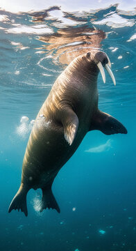 A large walrus swimming gracefully underwater