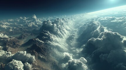 Fototapeta premium High-angle view of dark brown-gray mountain under heavy cumulus clouds, top-right sunlight gilding edges with cool tones for serene spectacle