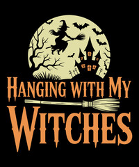 Scary Halloween design with witch witch broom bat