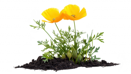 Vibrant yellow poppies emerge from rich dark soil. their delicate petals and lush green foliage. symbolizing growth and renewal in a clean. minimalist setting
