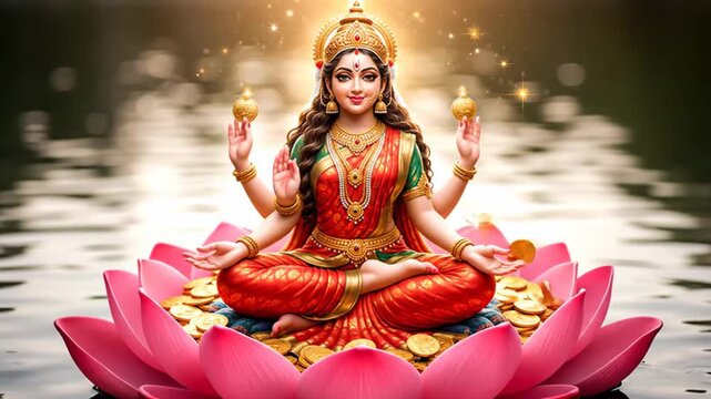 Goddess Lakshmi on Lotus with Gold Coins - A digital illustration of Goddess Lakshmi, the Hindu goddess of wealth and prosperity, seated in a lotus flower filled with gold coins.