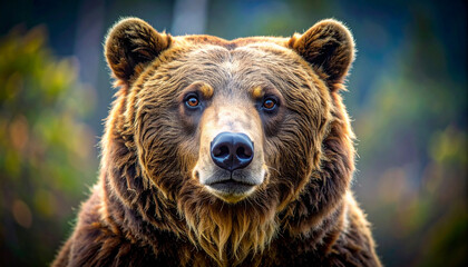 Fototapeta premium Bear weight gain concept shown by large brown bear in forest, symbolizing strength and natural growth in wildlife habitat