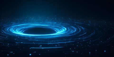 Obraz premium Top-down glowing blue circular vortex with digital particles, abstract sci-fi space energy concept 