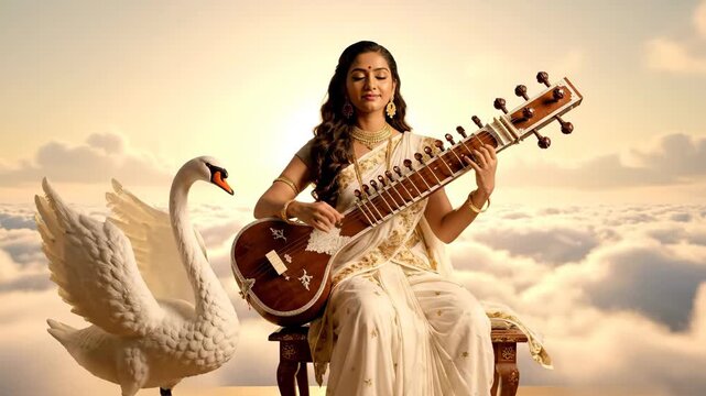 Goddess Saraswati Playing Veena - A beautiful Indian woman, dressed as the Hindu goddess Saraswati, sits serenely playing a veena while a graceful swan stands beside her, set against a dreamy