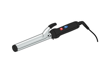 Curling iron chrome barrel black handle red and blue buttons power cord