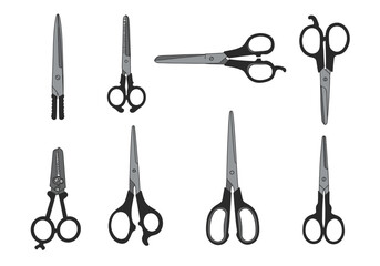 Eight black and gray scissors each a different style are arrayed on a white background