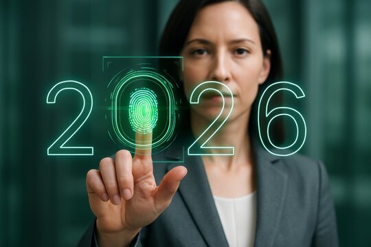 Businesswoman activating futuristic fingerprint scanner with digital 2026 interface for new year technology concept on dark background. Ai generative