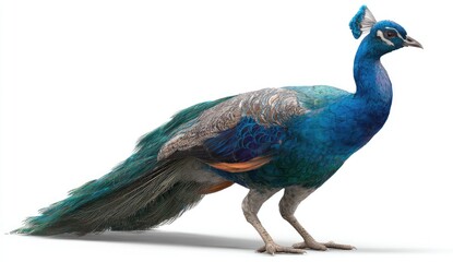Naklejka premium A detailed illustration of a peacock, showcasing vibrant plumage and graceful posture against a plain white backdrop.