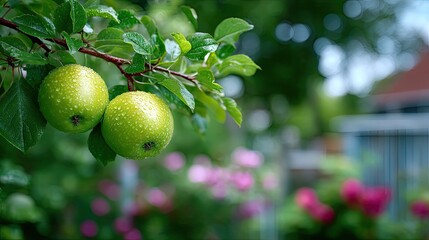 Two Green Apples Hanging on Tree Branch with Water Droplets in Garden Setting Blurred Background